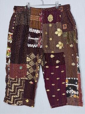 🤎 NWOT | Brown Patchwork Kantha Drawstring Pants | One Size